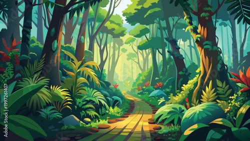 A beautiful path through a lush green jungle forest with sunlight shining through the trees on a bright summer day Vector