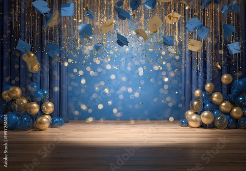 Elegant Blue and Gold Stage Backdrop with Balloons and Confetti.