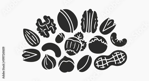 Assortment of various nuts and seeds, illustration on white background, healthy snack concept