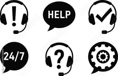 Customer Support Icon Set with Headset, Help Chat, 24 7 Service, Check Mark, Question, and Settings Symbols for Technical Assistance Design