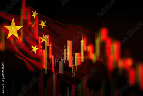 China Stock Market Financial Chart with National Flag Overlay.