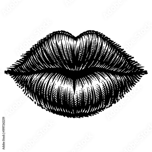 A black and white illustration of a pair of lips with detailed line art, ideal for designs related to beauty, makeup, or expressions.