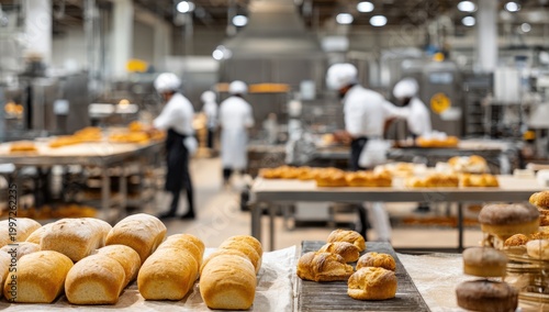 Professional Bakery Production Line with Freshly Baked Bread.