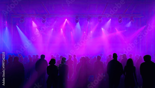 Vibrant Purple Stage Lights Illuminating a Crowd at a Concert.