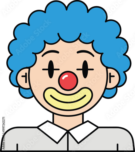 Clown Face Cartoon Character with Blue Hair and Red Nose for Circus Theme, Entertainment Design, Kids Illustration, and Fun Mascot Graphics