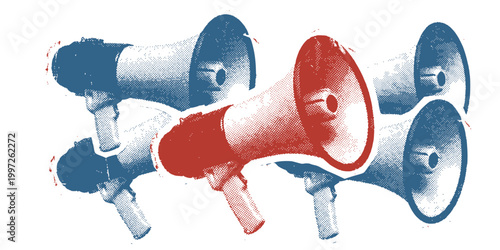 Halftone megaphones as collage art graphic elements. Vintage punk grunge loudspeaker sticker. Retro trendy halftone bullhorn vector illustration