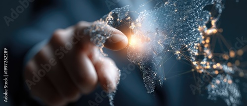 Close-up of a hand interacting with a glowing digital network or data visualization.