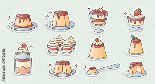 A delightful collection of various crème caramel desserts, presented in different dishes and with decorative toppings.