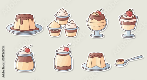 A delightful collection of various puddings and desserts, each uniquely presented with toppings and in different serving dishes.