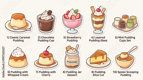 A delightful collection of ten distinct pudding desserts, each presented with its own unique topping and serving style, showcasing a variety of flavors and textures.