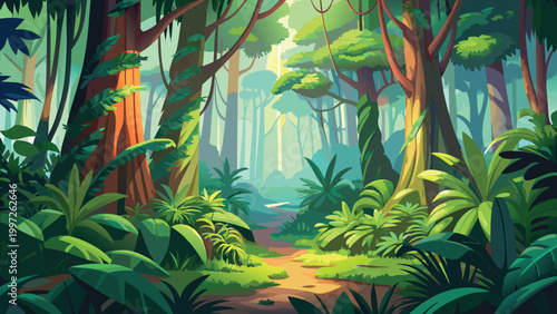 Beautiful lush tropical jungle forest with tall green trees and a small path leading into the bright sunny wilderness Vector
