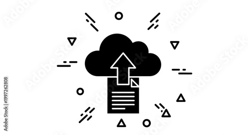 Black cloud icon with document upload.