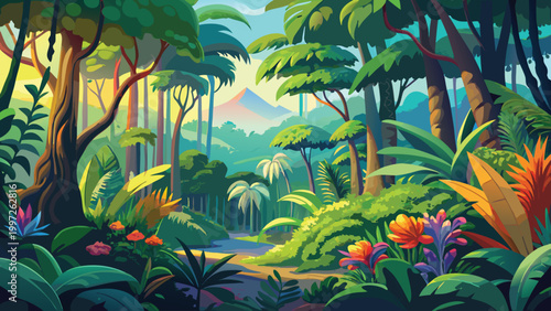 Beautiful colorful tropical jungle landscape with exotic flowers and trees under a sunny sky in a lush green rainforest Vector