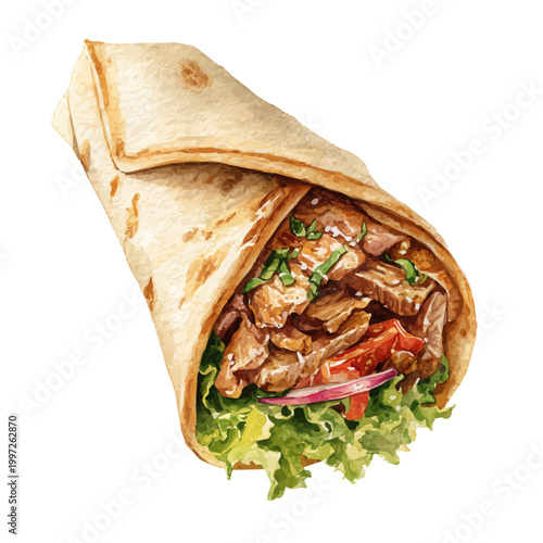 Shawarma watercolor vector, hand-painted style, high-quality illustration isolated on white background.