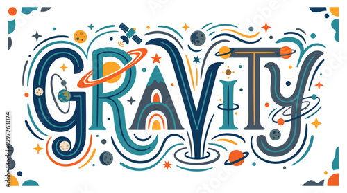 The word Gravity is illustrated with colorful swirling patterns and planets orbiting around it.