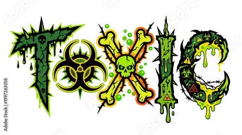 The toxic logo features a green and yellow biohazard symbol with skull bones and drips on a white background.