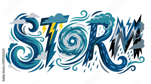 A stormy weather illustration depicts swirling clouds and lightning bolts.