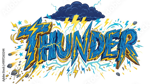 A dramatic stormy weather scene with a thunder graphic illustration