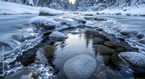 Frozen Stream with Snow-Capped Banks and Reflecting Trees