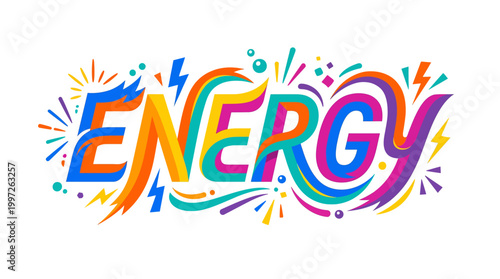 Vibrant colorful typography depicts the word ENERGY with dynamic swirling lines and splashes.