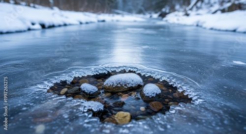 Frozen Stream with Rocks and Ice Formation