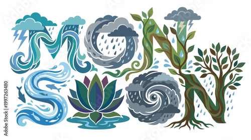 Vibrant monsoon season depicted with artistic letters and natural elements