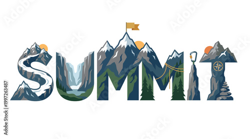 Inspiring 'Summit' word art featuring mountain landscapes and adventure elements.