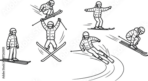 Skier line art set winter sports vector illustration of dynamic skiing poses and actions