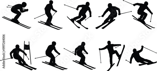 Skiing silhouette set winter sports vector collection dynamic skier poses downhill action black illustration