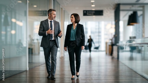 Business Colleagues Walking and Talking in Office Hallway