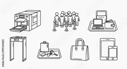 People interact with printers and electronics at a security checkpoint with luggage.