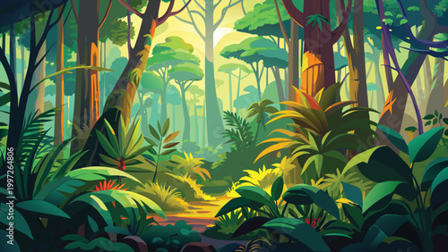 Beautiful tropical jungle forest with bright sunlight shining through the dense green trees and lush exotic plant life Vector