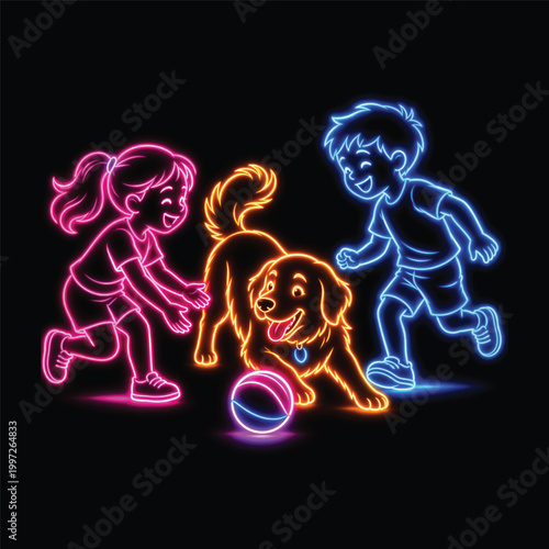 Neon glowing kids playing happily with dog and bright ball