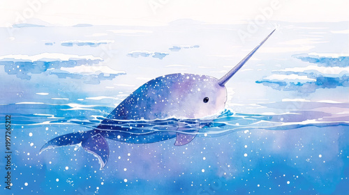 Whimsical watercolor illustration of a cute narwhal swimming in the blue ocean with artistic bubbles and starry texture suitable for children nursery decor or fantasy marine themed designs