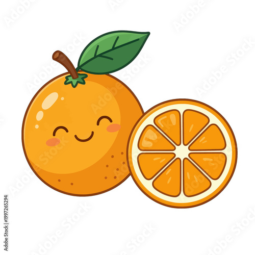 Cute Smiling Orange Fruit with Leaf and Sliced Cross-Section, Kawaii Cartoon Vector Illustration Isolated on Transparent Background
