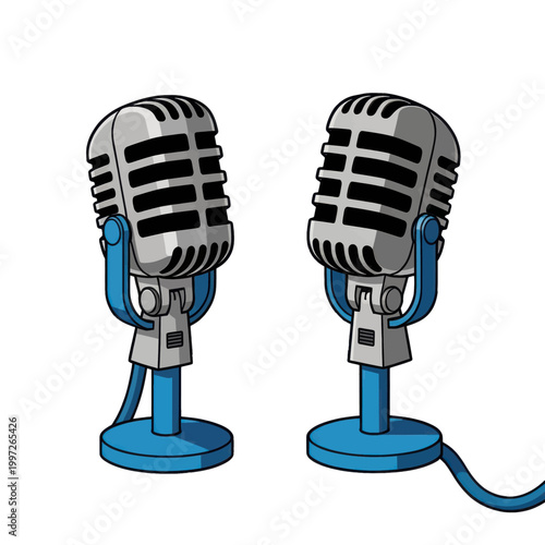Two Vintage-Style Microphones Vector Icon, Isolated on Transparent Background for Podcast or Live Performance Use
