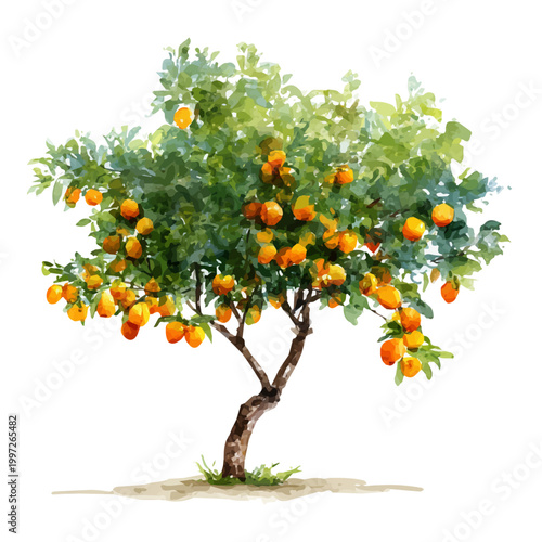 Stylized watercolor Apricot Tree vector, modern artistic illustration with high-quality details on a pure white background.