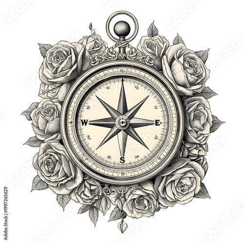 Vector illustration of a compass rose showing north, east, south, and west directions used for navigation and travel