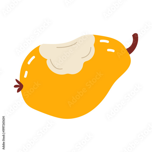 Single bitten yellow pear showing inside fruit texture.