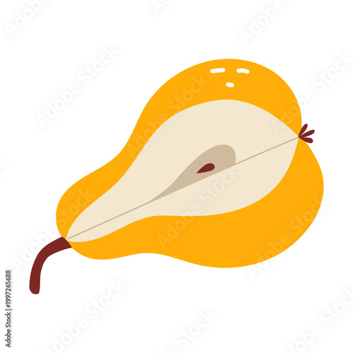 Horizontal slice of a ripe yellow pear with seed isolated on white.