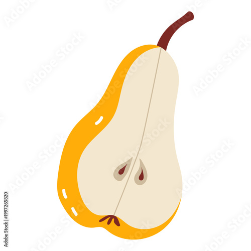 Vertical half slice of a ripe yellow pear fruit.