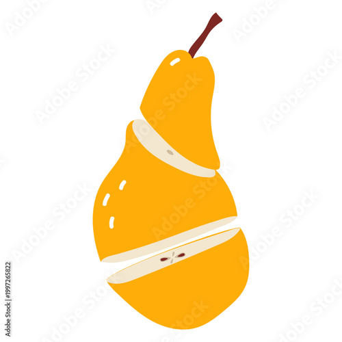 Creative composition of a yellow pear sliced into three horizontal pieces.