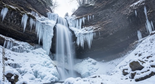 Frozen Winter Waterfall Cascading Down Icy Rocky Cliff
