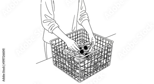Person Carefully Placing Black Objects Inside a Metal Basket.