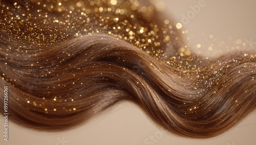 Close-up of Wavy Brown Hair Adorned with Golden Glitter Sparkles.