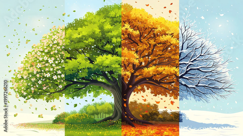 A single tree depicting the four changing seasons of the year from spring summer autumn and winter split into four distinct vertical panels showing nature cycle and seasonal transition