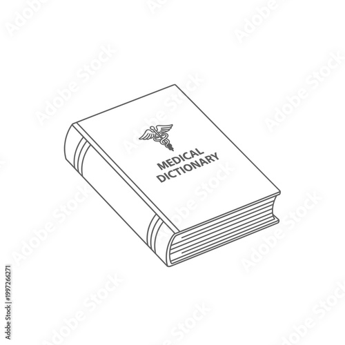Medical dictionary with caduceus symbol on the cover, isolated on white background.