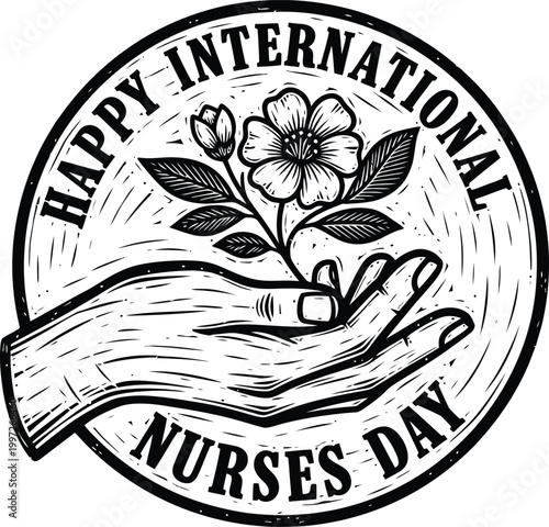 A black and white illustration of a hand holding a flower for International Nurses Day