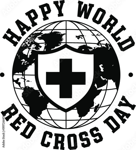 A black and white vector graphic illustration of a globe with a shield and cross for Red Cross Day