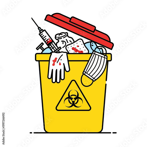 Medical waste bin with biohazard symbol, gloves, mask, and syringe with blood.